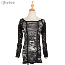 Qlychee Sexy Crochet Hollow Out Mesh T shirt Off Shoulder Long Sleeve Lady Tee Top Club