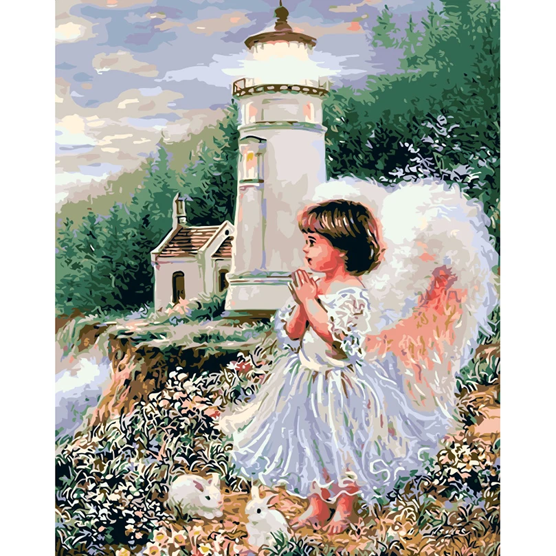 

Module pictures painting by numbers 40*50cm canvas oil paintings coloring by numbers angel girl & lighthouse with frame RS115
