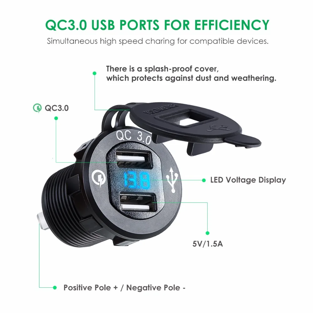 SOONHUA Универсальный QC 3,0 двойной USB Автомобильное зарядное устройство, цифровой светодиодный дисплей, зарядное устройство для мобильного телефона, водонепроницаемый адаптер для быстрой зарядки