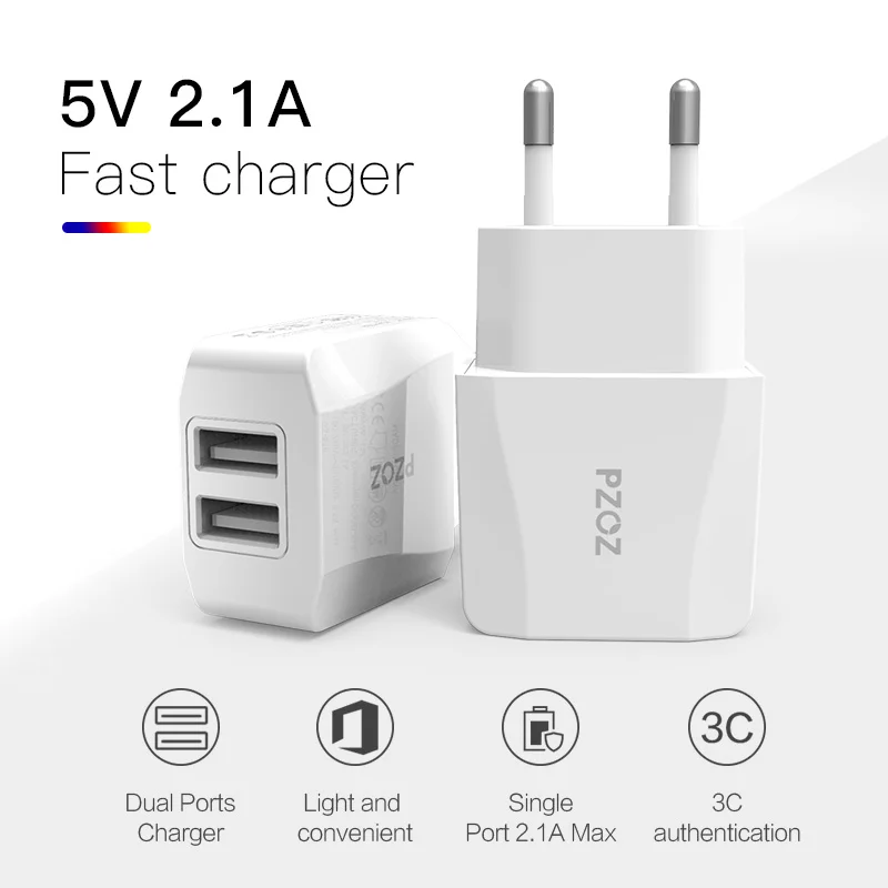 PZOZ USB Charger 5v2.1a Fast Charging Travel EU Plug Adapter portable Wall charger Mobile Phone cable For iphone Samsung xiaomi