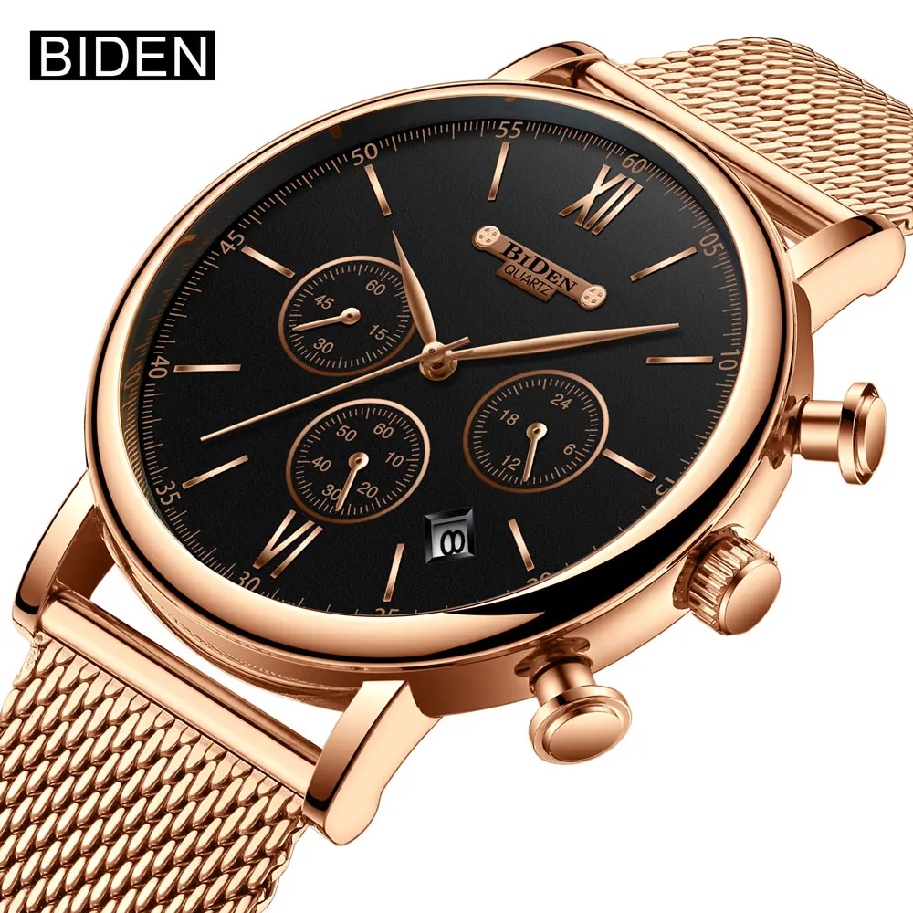 

BIDEN Luxury Brand Fashion Men Quartz Watches Casual Stainless Steel Mesh Strap Men Business Wrist Watch Male Gift Clock