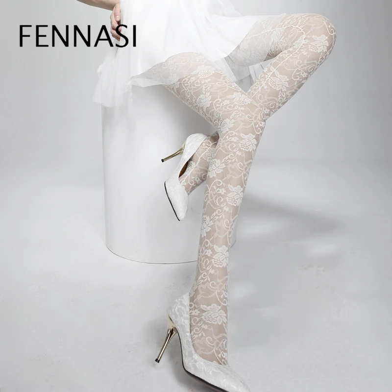 fishnet tights floral WHITE ROSE lace pattern mesh LUNAE