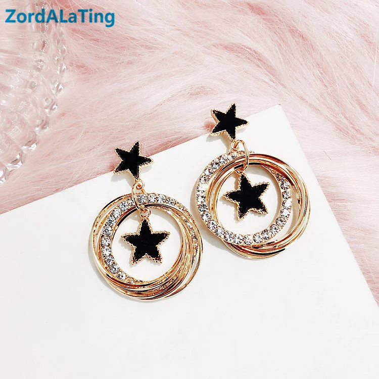 

S925 silver needle 2019 new classic four-leaf clover five-pointed star multi-layer round rhinestone simple earring for women
