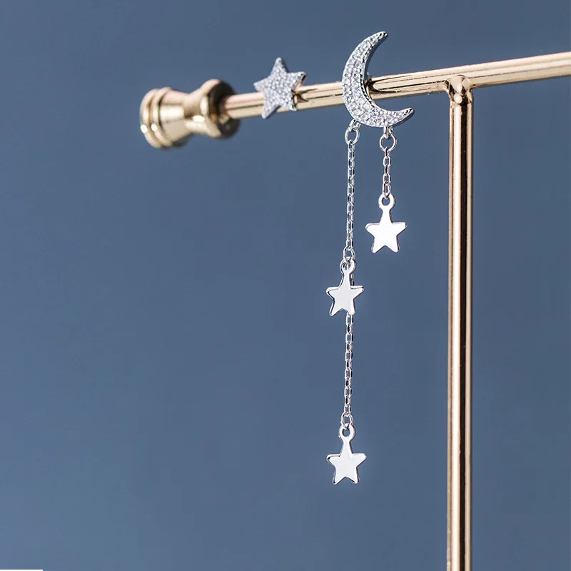 

Asymmetric CZ Star Crescent Moon 925 Sterling Silver Dangling Earrings