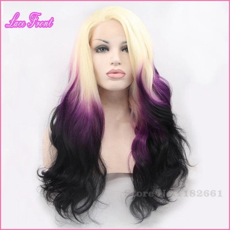 

New Arrival Fashion Pelucas De Colores Cosplay Long Wavy Ombre Synthetic Lace Front Wig Blonde Purple Black U Part Hairstyles
