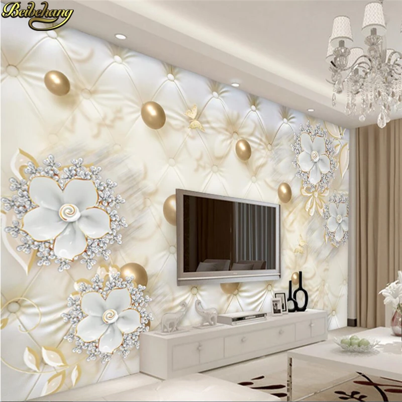 Papel tapiz personalizado grande, mural 3d de flores blancas de lujo, bolsa  suave, joyería de bola, papel de pared de TV, papel de pared 3D, decoración  del hogar - AliExpress