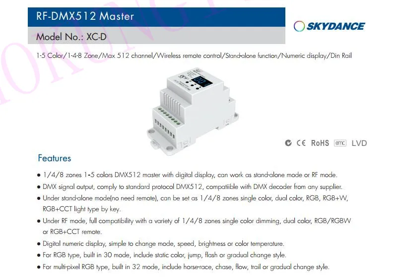 RF-DMX512 RGBW DMX Master XC-D(din-рейка) многопиксельный RGB/RGB+ W/RGB+ CCT контроллер AC85-265V вход DMX512 выходной сигнал