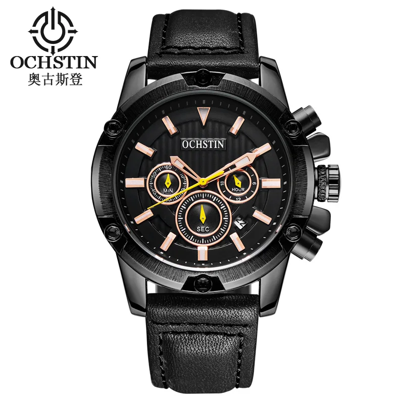 

New OCHSTIN Sport Watch Men Top Luxury Brand Military Watch Quartz-watch Men Black Leather Business Watch Relogio Masculino