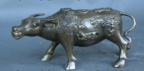 

shitou 003272 9" Folk Chinese FengShui Bronze Copper Wealth Coin Deer Zodiac Bull Oxen Statue