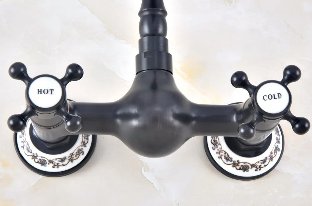 Black Oil Rubbed Bronze Brass Two Cross Handles Wall Mount Swivel Spout Kitchen & Bathroom Basin Sink Faucet Mixer Tap anf473