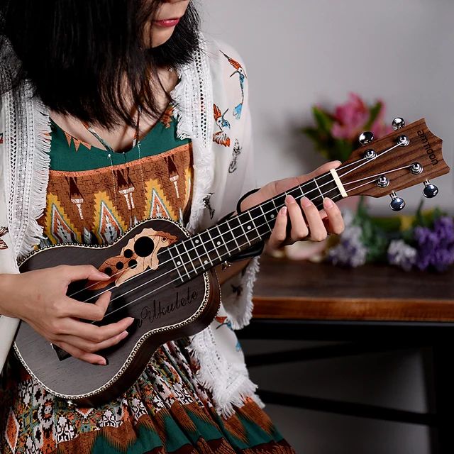 ammoon Acoustic Ukulele Spruce 21 Ukulele15 Fret 4 Strings Guitar Mini with Built-in EQ Pickup Stringed Musical Instrument 6