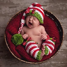 Newborn Baby Girls Boys Wool Red and Green Christmas Hat+Legging Crochet Knit Costume Photography Prop