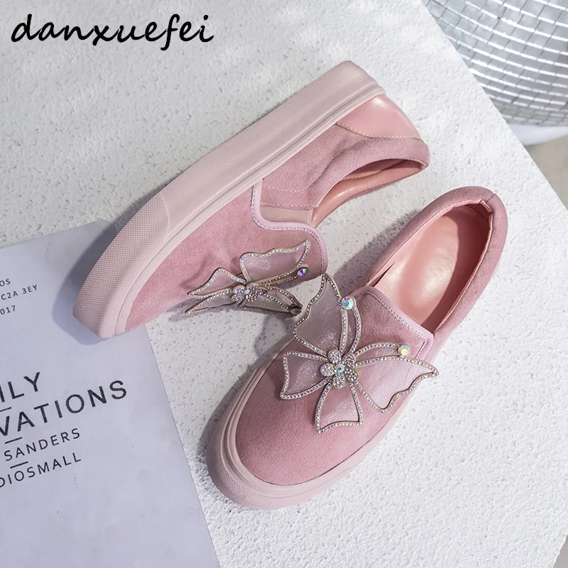 

Women's Genuine Suede Leather Slip-on Flats Loafers Brand Designer Butterfly Rhinestone Leisure Espadrilles Moccasins Shoes Hot