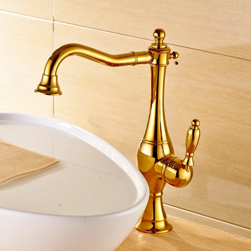

Luxury Gold Finish Basin Faucet Bathroom Vanity Sink Tap Single Lever Swivel Spout MIxer Faucet