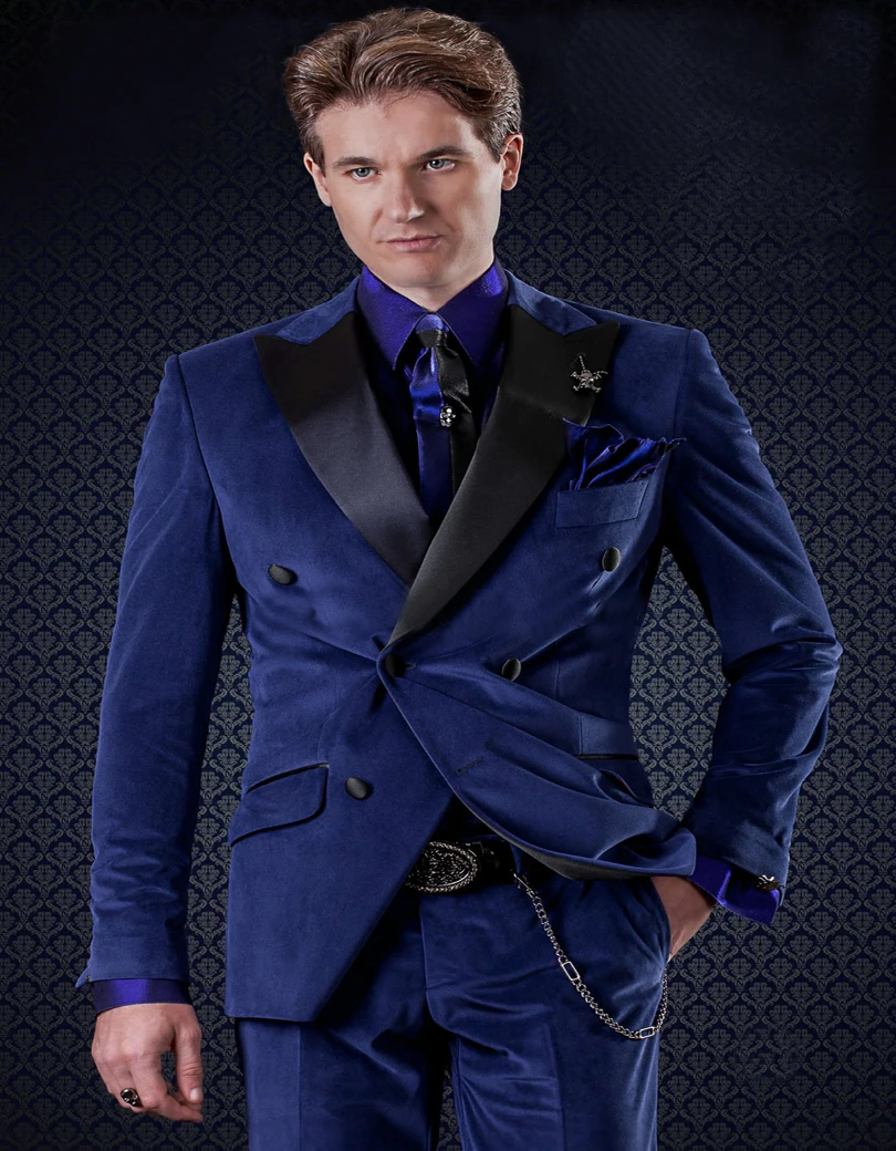 Electric Blue Velvet Double breasted Suit With Satin LapelCustom Made ...