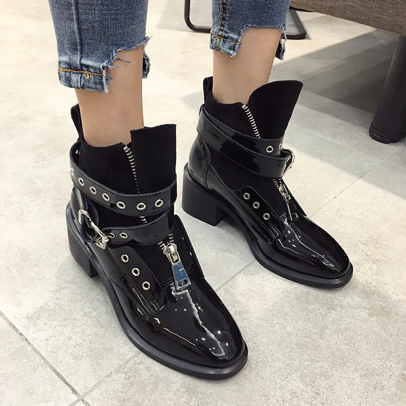 Celebrity Talons Avant Bottines Femmes Boots2019thick Daim noir Patchwork Bottes Punk Boucle Designer Cuir Laqué Beige Zip En Martin FKcl1J