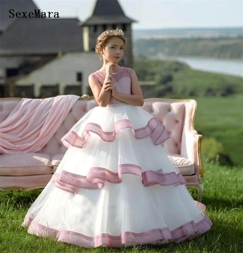 

Puffy Tulle Flower Girls Dresses Shinny Sequined Ruched Low Back Girls Birthday Party Dress Pageant Gown Custom Made