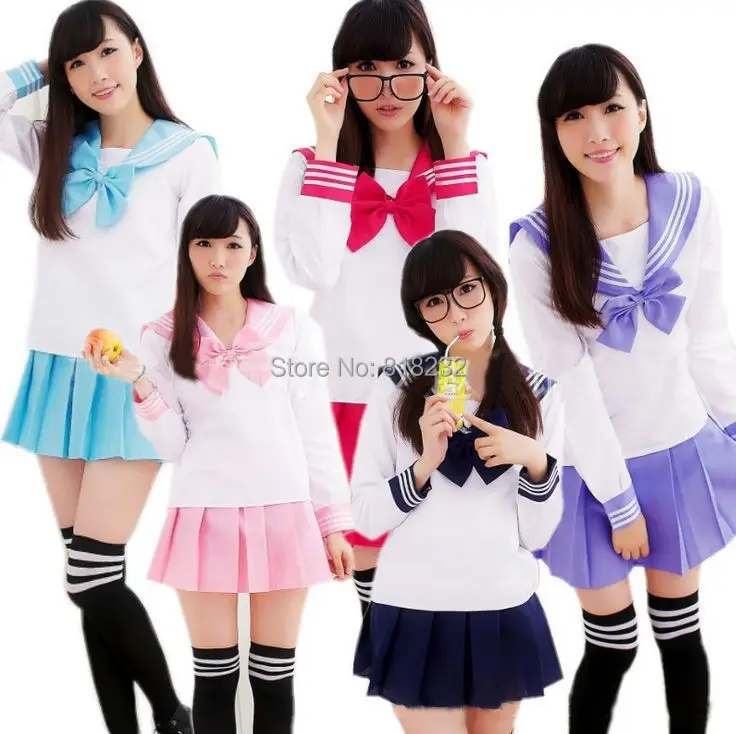 

8 Colors Girl's Sweet High School Uniform Sailor Suit Long Sleeve Tops+Skirt Daily/Cosplay Costume S-XXL