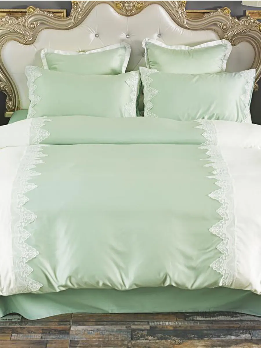 

4 Pcs Duvet Cover Set Fresh European Style Color Block Lace Bed Linens