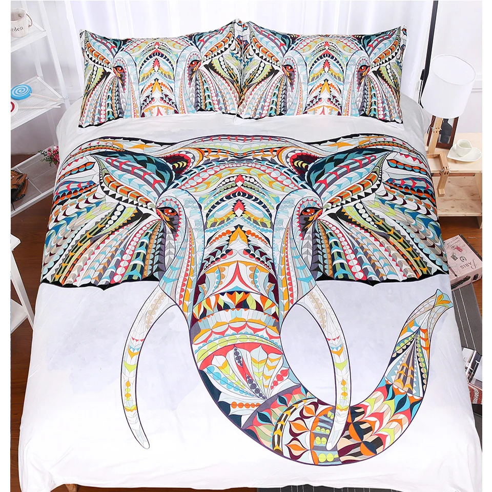 Lai Yin Sun Bedding Set Painting 3D White Elephant Bedding Set Bohemia King Duvet Cover with Pillow Case  Printed  2/3PCS