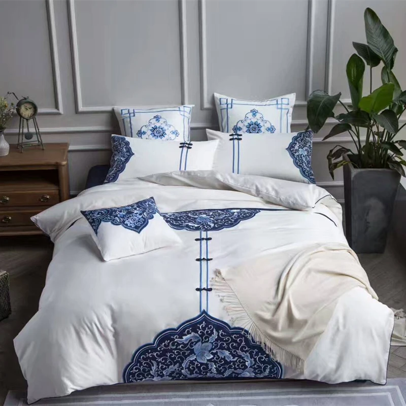 

4/6/7Pcs Egypt Cotton Blue and white Classical Bedding Set Chinese knot Duvet cover set Bed Sheet Pillowcases Queen King Size