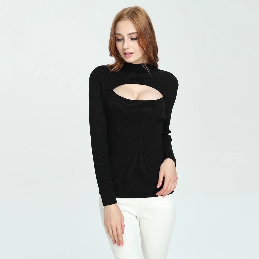 Autumn Winter Women Basic Sweaters 2019 Europe and America Open Chest Skinny Sweater Pullover Female Long Sleeve Knit Tops | Женская