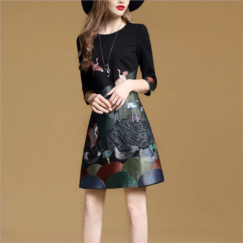

IIMADFWIW Women Dress 2018 Spring New 7/10 Sleeve Length Embroidery Dresses Female Fashion Slim Lady's Clothes