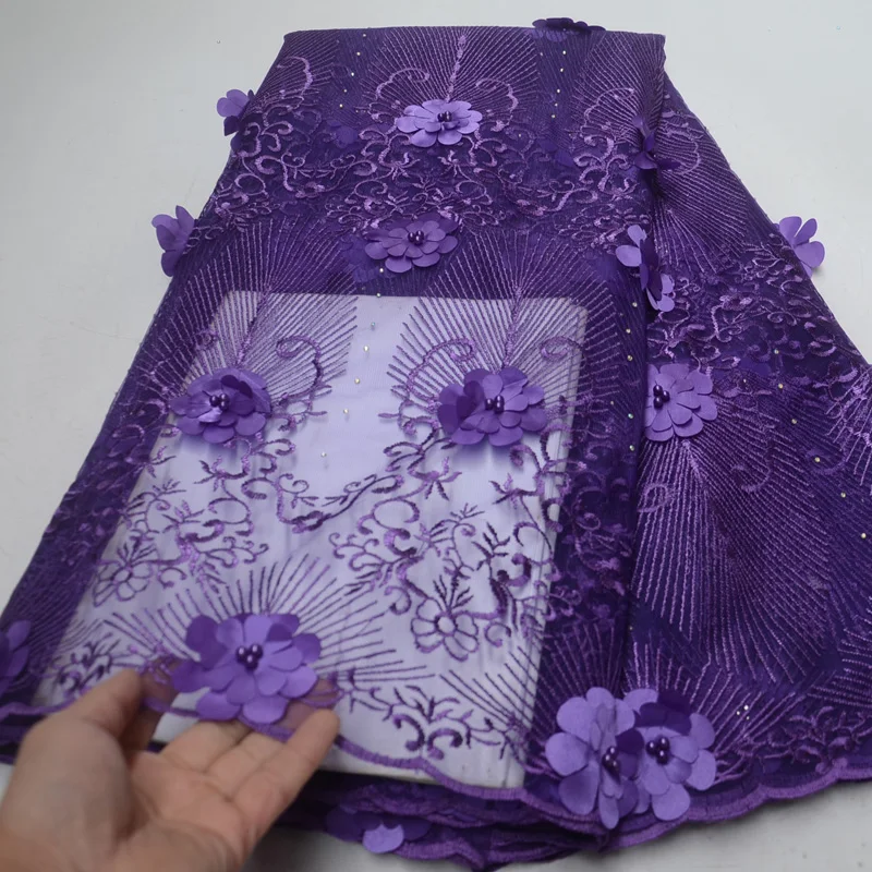 

(5yards/pc) wonderful embroidered African net lace purple French lace fabric with 3D flowers and beads for party dress FLP114