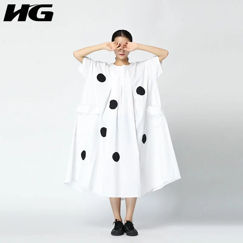 

[HG] Women Summer 2018 Korea O-neck Half Sleeve Loose Dress Female Dot Casual Pockets Patchwork Asymmetrical Dress LJT2887