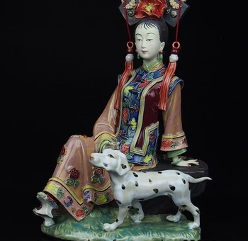 

China Palace Pottery Wucai Porcelain Art Decoration Woman Ladies Play Dog Statue