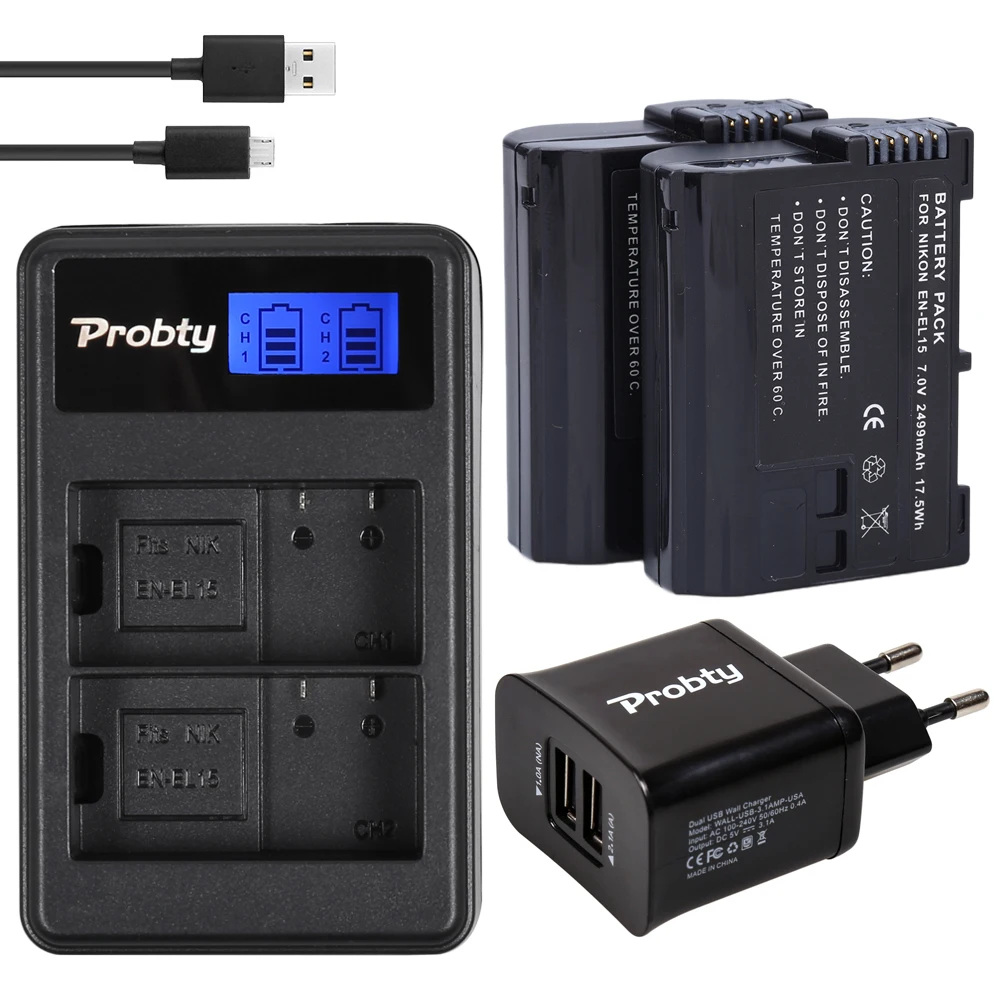 PROBTY 2 шт EN-EL15 ENEL15 EL15 батарея камеры + LCD USB двойное зарядное устройство 2-портовый