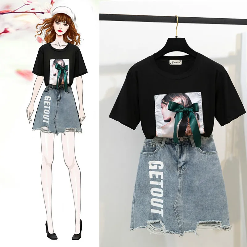 

2019 summer women ladies o neck bow character print T shirt set + sexy hole letter jeans skirt two piece suit set SE193