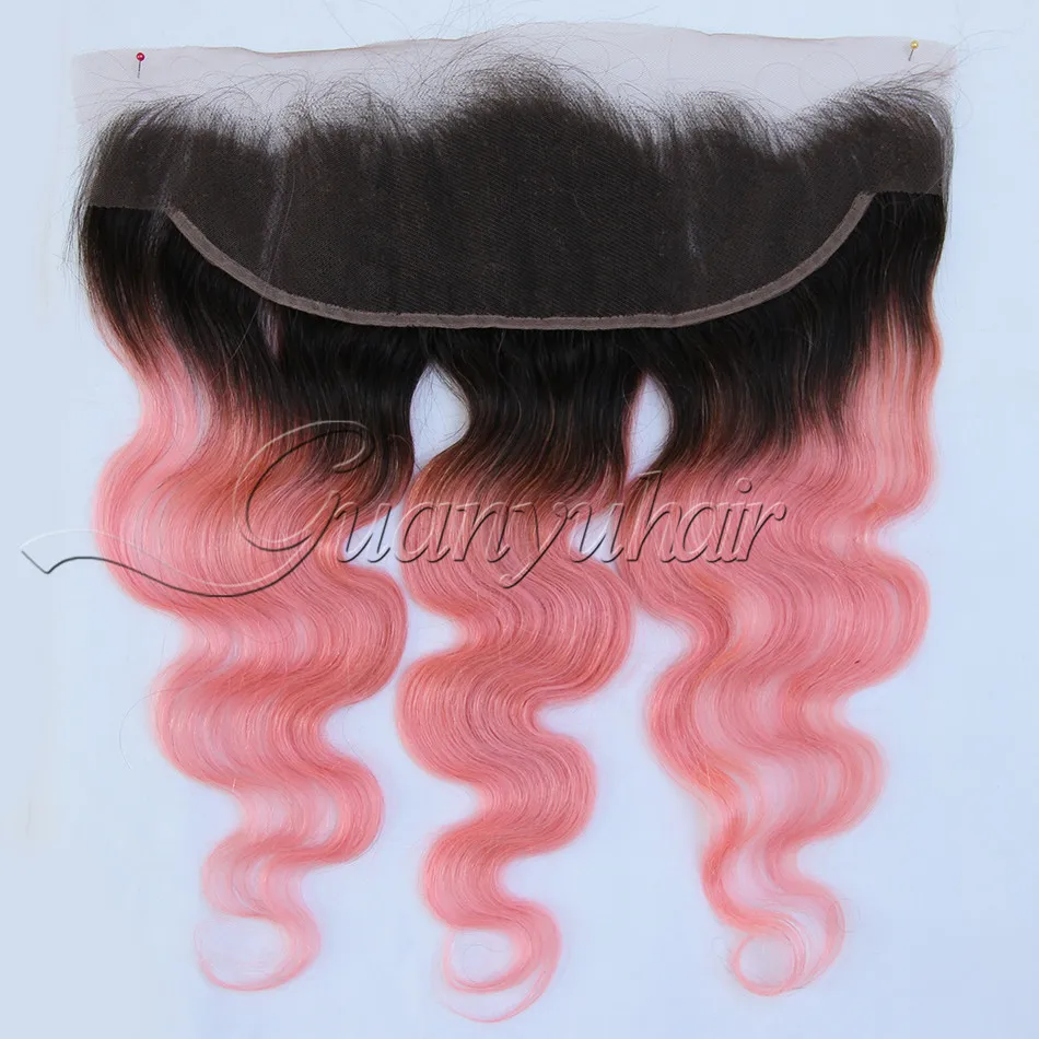 Guanyuhair Ombre # 1B/розовый 3 Связки с 13x4 кружева Фронтальная застежка уха до перуанской
