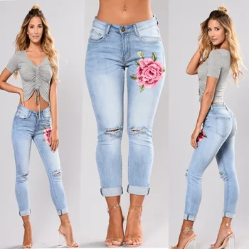 

Women Stretch High Waist Skinny Embroidery Jeans Without Ripped Woman Floral Holes Denim Pants Trousers Women Jeans Pencil Pants
