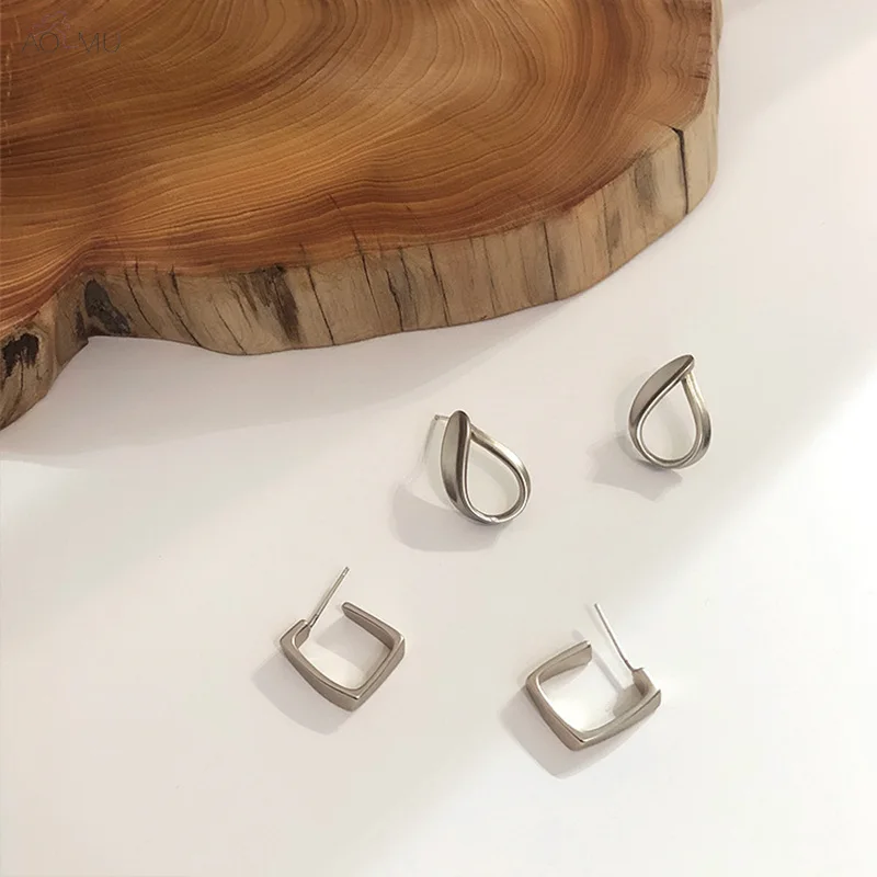 

AOMU Fashion Simple Matte Silver Color Geometric Square Cross Hollow Waterdrop Stud Earrings for Women Party Gifts Jewelry