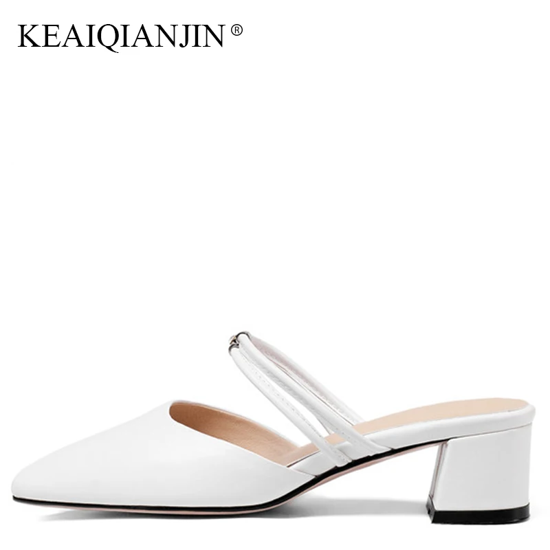 

KEAIQIANJIN Women Summer Apricot White Slipper Fashion Plus Size 33-43 High Heels Shoes Sexy Genuine Leather Lady Slipper 2018