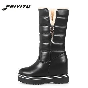 

feiyitu Women Snow Boots Platform 2018 New Arrival Fashion Rhinestone Plush Winter Shoes Woman Warm Wedges Boots Size 34-43