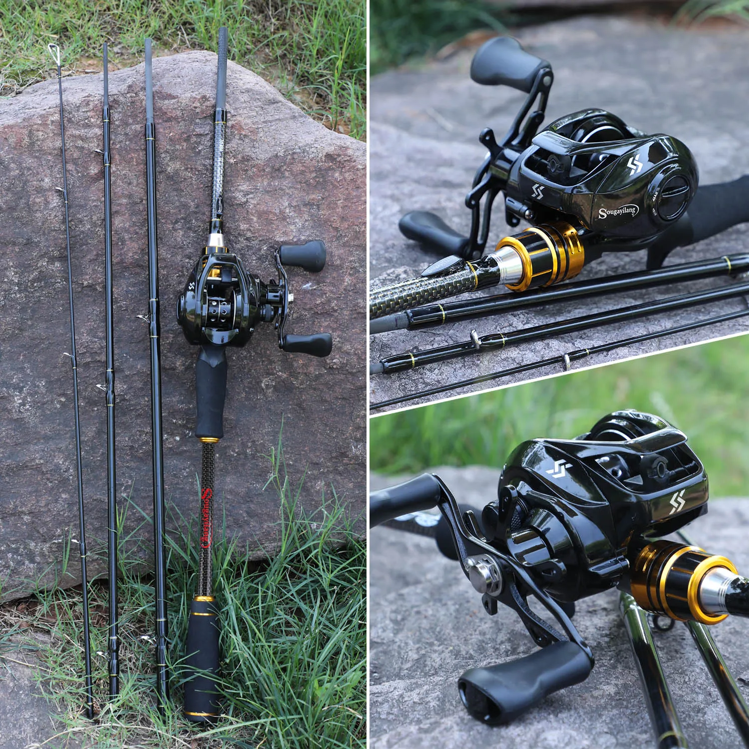Sougayilang 1.8M 2.1M 2.4M Casting Fishing Rod Reel Combo 4 Sections Carbon Fiber Fishing Rod Baitcasting Reel Pesca Tackle