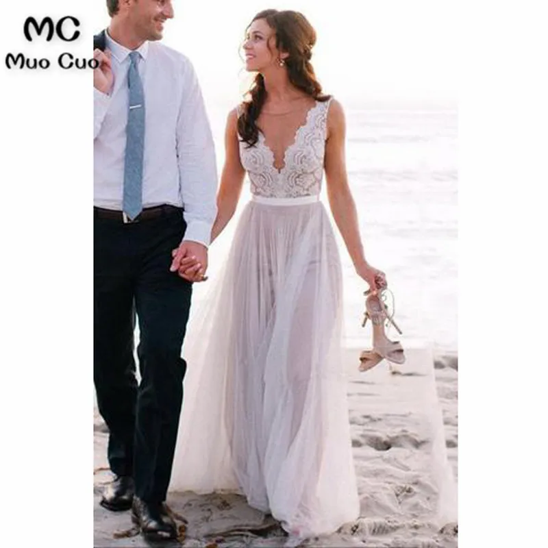 Sexy Long Wedding Gowns,Deep V Neck Lace Beach Wedding Dresses,Bridal Dresses_