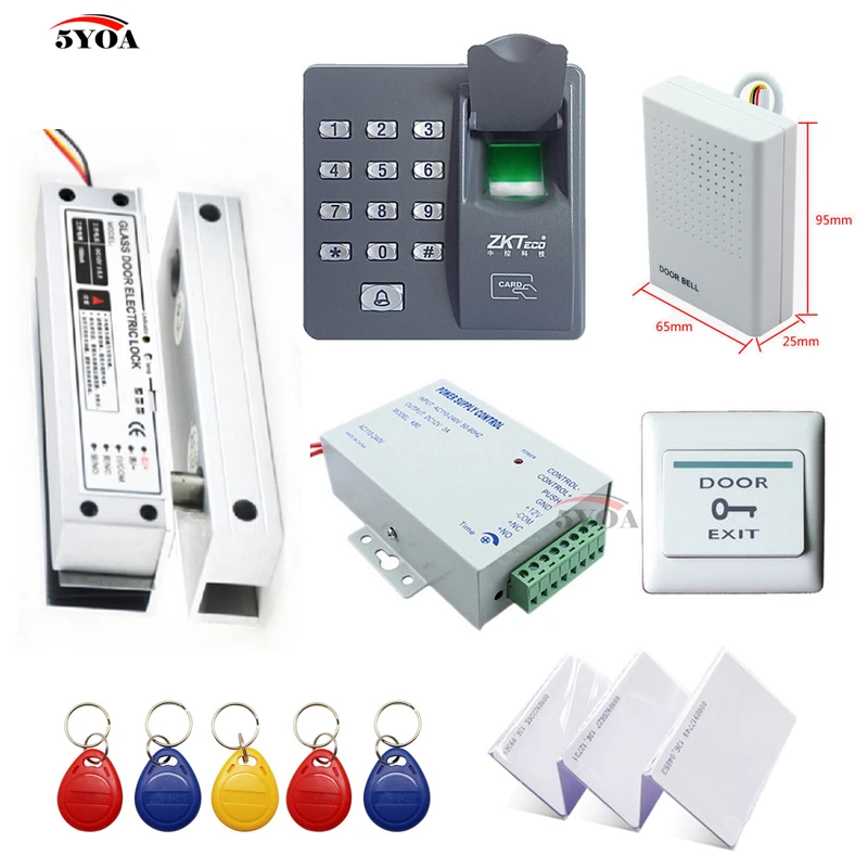 

Fingerprint RFID Access Control System Kit Frameless Glass Door Set+Electric Bolt Lock+Card Keytab+Power Supply+Button+DoorBell