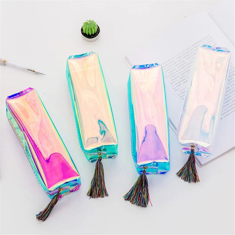 Estuche de lápices láser metálico con holograma para mujer, de lápices con borla y cremallera, bolso de mano para maquillaje, bolso de mano, moda Harajuku|Bolsas para lápices| - AliExpress