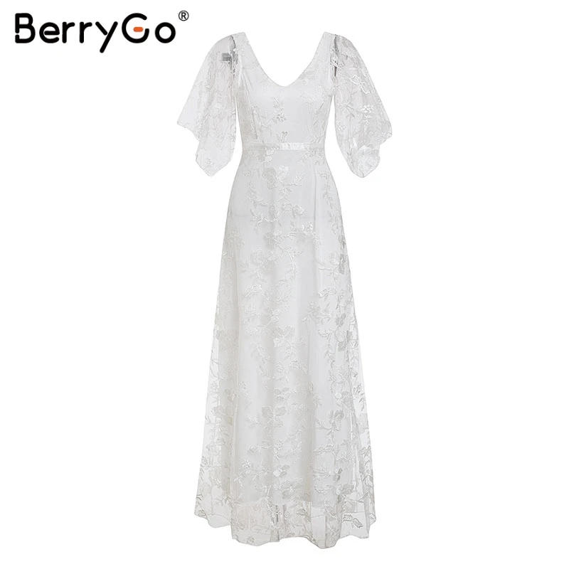 BerryGo женские длинные платья Элегантное платье с вышивкой Сетчатое летнее Шифоновое Платье макси с рукавом летучая мышь вечерние платья знаменитостей vestidos