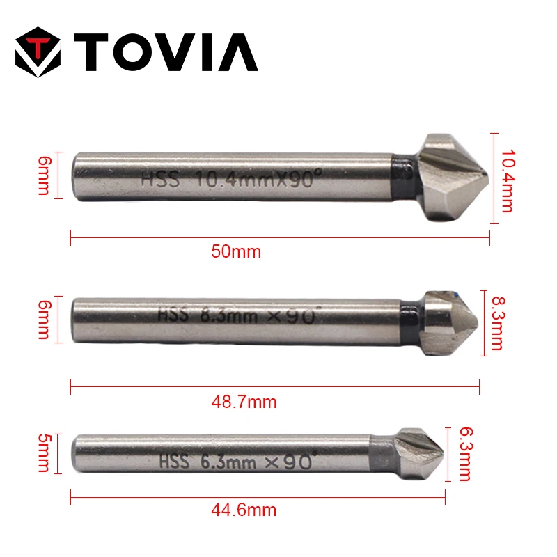 TOVIA зенковки сверла 3 Флейта HSS CO твердых металлов три края фаски Концевая фреза Круглый хвостовик 6 шт