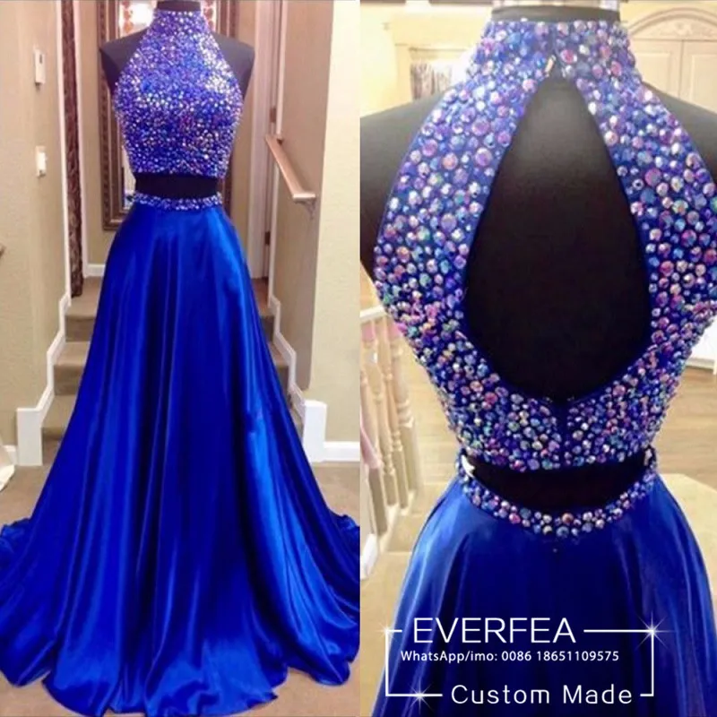 Sexy Royal Blue 2 Piece Prom Dresses Long 2016 Back Open A line High