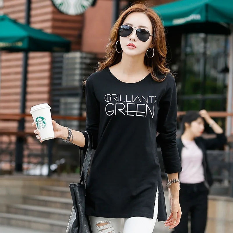 

Spring Autumn New Trend Tshirt Long Tunic Tops Long Sleeve T-shirts Japan Korea Lady Fashion Letter Print Cotton Female Tees