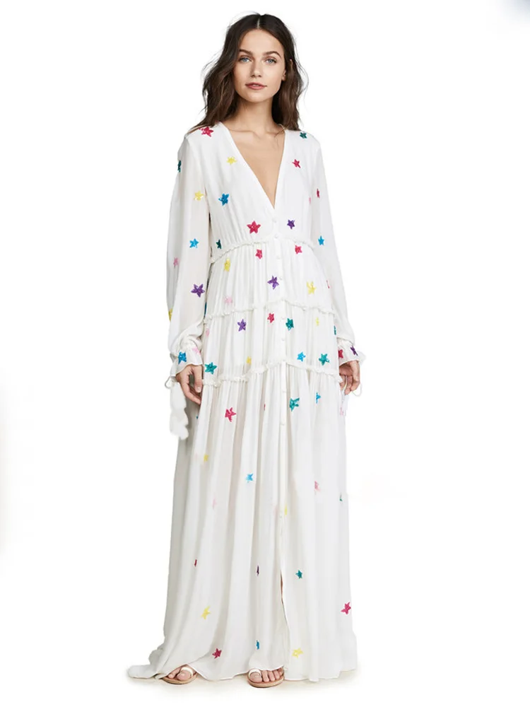 

New style star embroidery summer Bohemian beach dress travel sexy v-neck cardigan-style long dress