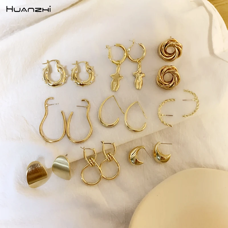 HUANZHI, геометрические искажения, многослойные круглые стразы в горошек, золотые металлические серьги-гвоздики для женщин