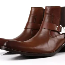 Большой Размеры EUR45 моды коричневый загар/черный острый носок мужские ботильоны повседневная обувь из натуральной кожи мотоботы с пряжкой