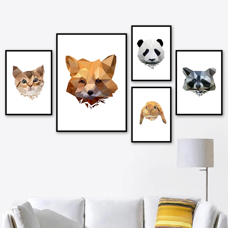 

Geometric Fox Rabbit Panda Cat Raccoon Wall Art Canvas Painting Nordic Posters And Prints Wall Pictures For Kids Room Wall Decor