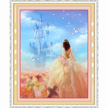 

Sakura Princess castle cartoon Big Painting For Living Room DIY Ribbon Embroidery 3D Color Printed Needlework Kit Home Decor